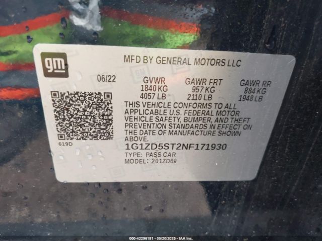 1G1ZD5ST2NF171930 Chevrolet Malibu Fwd Lt