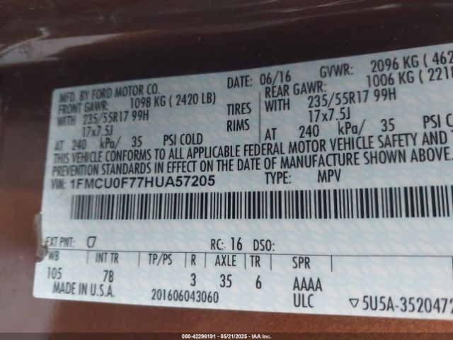 1FMCU0F77HUA57205 Ford ESCAPE S