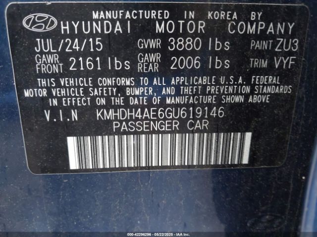 KMHDH4AE6GU619146 Hyundai ELANTRA SE
