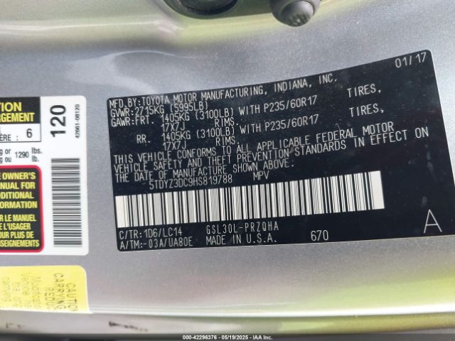 5TDYZ3DC9HS819788 Toyota Sienna Xle 8 Passenger