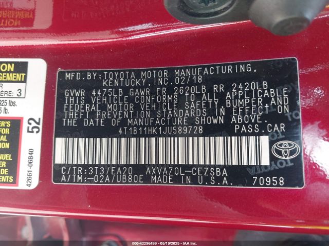 2018 TOYOTA CAMRY 4T1B11HK1JU589728 Photo 8