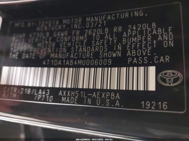 4T1DA1AB4MU006009 Toyota Avalon Limited Hybrid