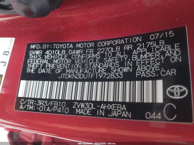 JTDKN3DU1F1972833 Toyota Prius Two