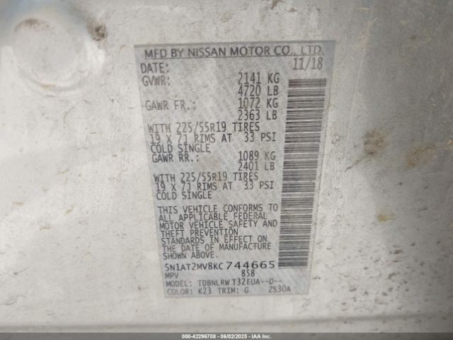 5N1AT2MV8KC744665 Nissan Rogue Sl