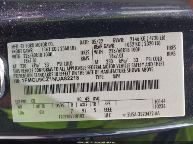 1FMCU9CZ1NUA82218 Ford Escape Sel Hybrid