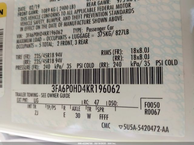 2019 FORD FUSION 3FA6P0HD4KR196062 Photo 8