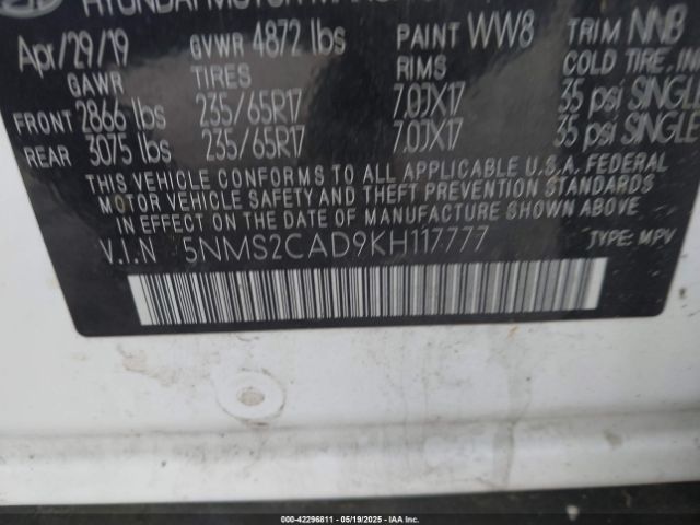 2019 HYUNDAI SANTA FE 5NMS2CAD9KH117777 Photo 8