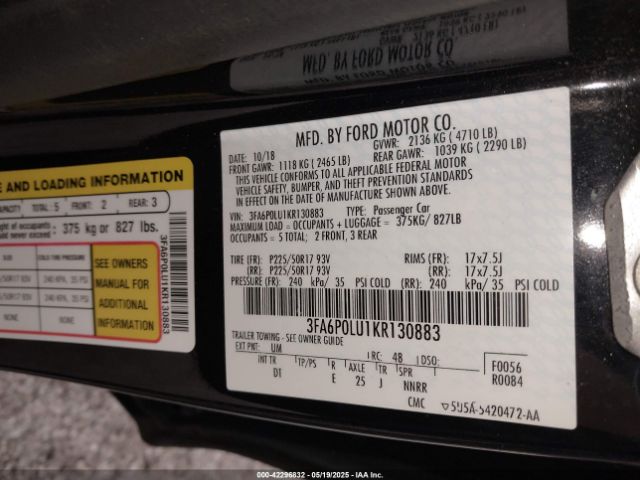 2019 FORD FUSION HYBRID 3FA6P0LU1KR130883 Photo 8