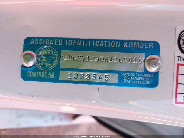 1HGCV1F30NA100916 Honda l15be