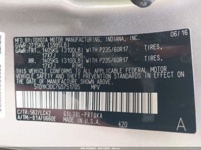 5TDYK3DC7GS751705 Toyota Sienna Limited 7 Passenger/limited Premium 7 Passenger/xle 7 Passenger/xle 8 Passenger