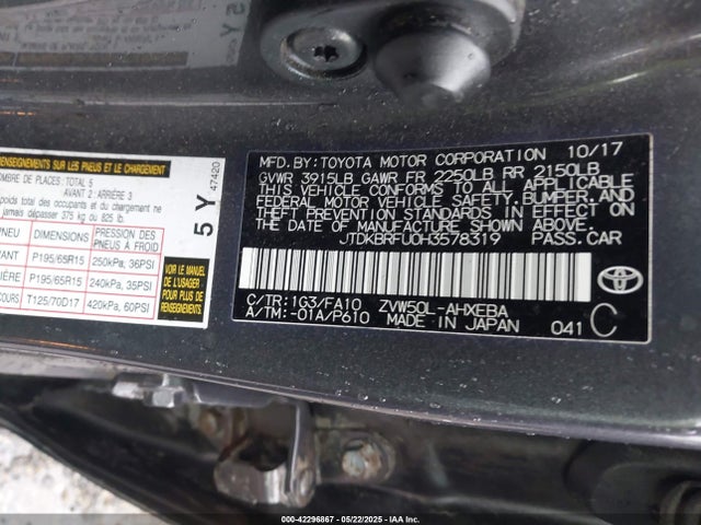 JTDKBRFU0H3578319 Toyota 2zr-fxe,1nm