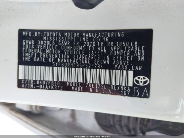 5YFBURHE9GP521784 Toyota COROLLA LE