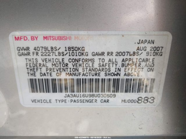 2008 MITSUBISHI LANCER JA3AU16U98U030609 Photo 8