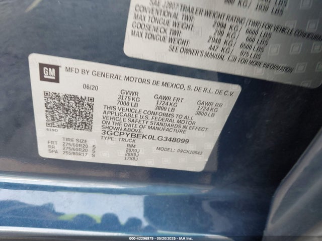3GCPYBEK0LG348099 Chevrolet l3b - sidi, vvt, alum