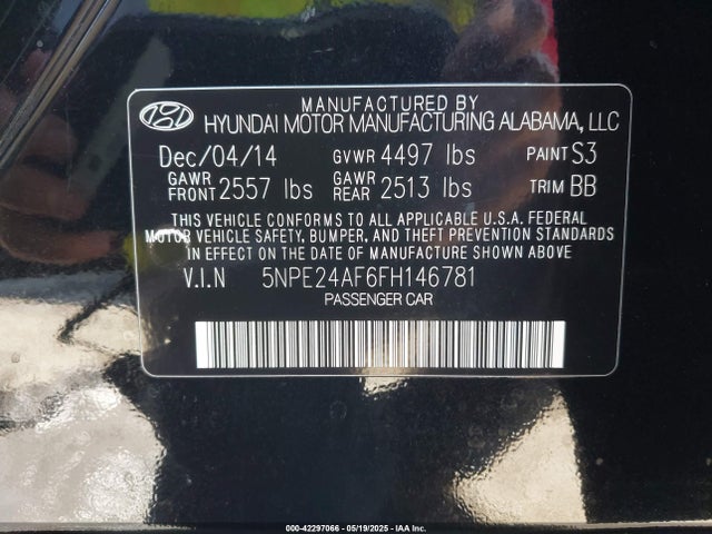 5NPE24AF6FH146781 Hyundai SONATA SE