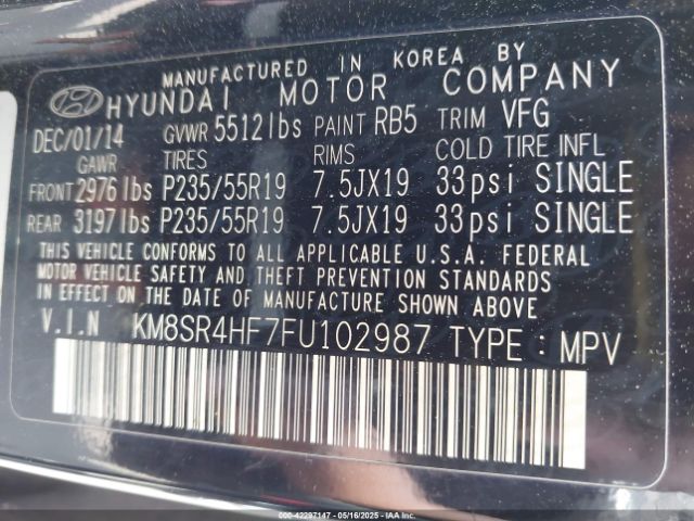 KM8SR4HF7FU102987 Hyundai Santa Fe Gls