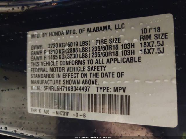 5FNRL6H71KB044497 Honda Odyssey Ex-l