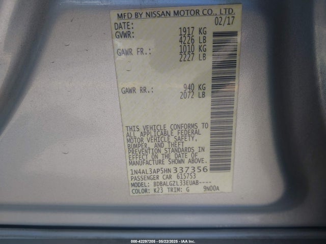 Nissan Altima 2.5 S 2017 1N4AL3AP5HN337356 Image 9