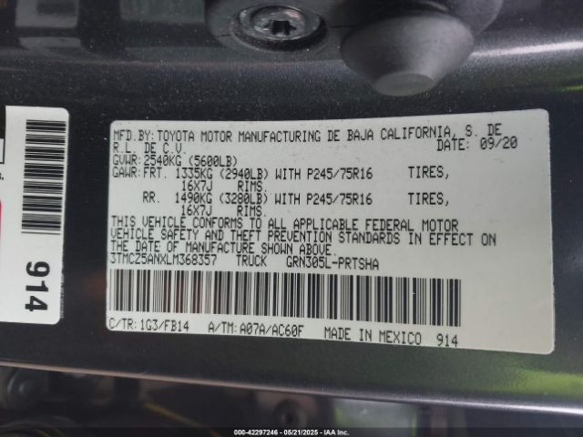 3TMCZ5ANXLM368357 Toyota Tacoma Sr V6
