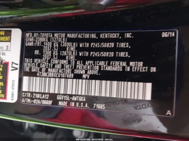 4T3BK3BBXEU107689 Toyota Venza Xle V6