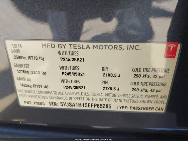 2014 TESLA MODEL S 5YJSA1H15EFP65285 Photo 8