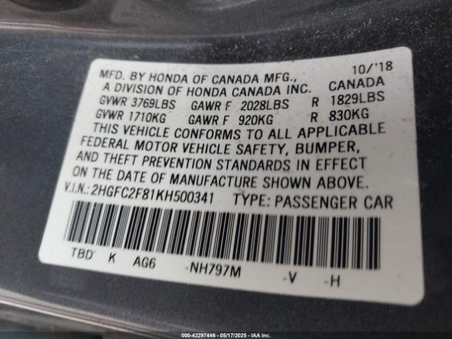 2019 HONDA CIVIC 2HGFC2F81KH500341 Photo 8