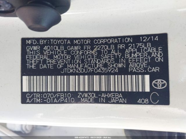 JTDKN3DU7F0435924 Toyota Prius Three