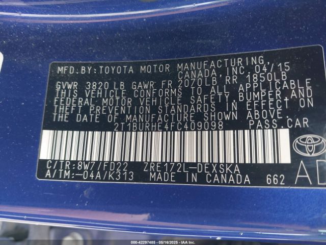 2T1BURHE4FC409098 Toyota Corolla S Plus