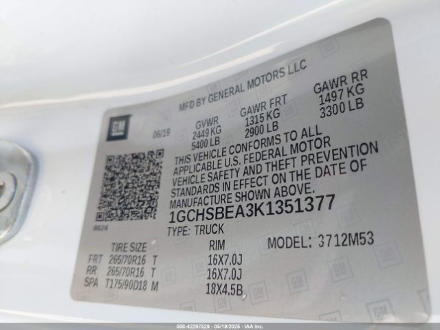 1GCHSBEA3K1351377 Chevrolet Colorado Wt