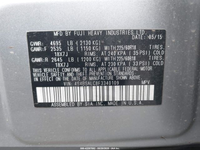 4S4BSALC8F3340109 Subaru 2.5l u5