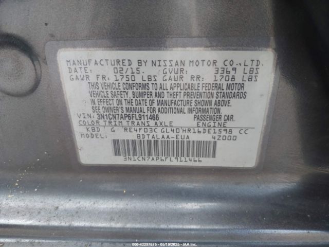 3N1CN7AP6FL911466 Nissan Versa 1.6 S