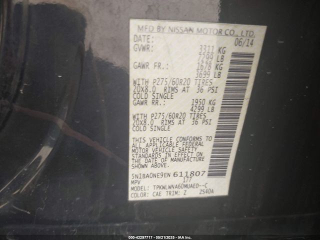 5N1BA0NE9EN611807 Nissan Armada Platinum