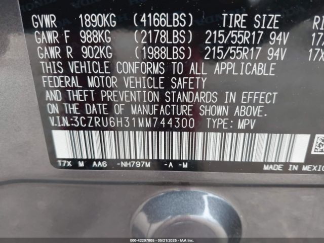 3CZRU6H31MM744300 Honda Hr-v Awd Lx