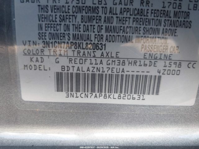 2019 NISSAN VERSA 3N1CN7AP8KL820631 Photo 8