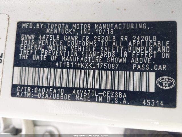 4T1B11HKXKU175087 Toyota CAMRY SE