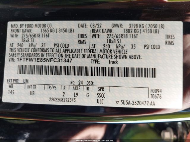 1FTFW1E85NFC31347 Ford F-150 Lariat