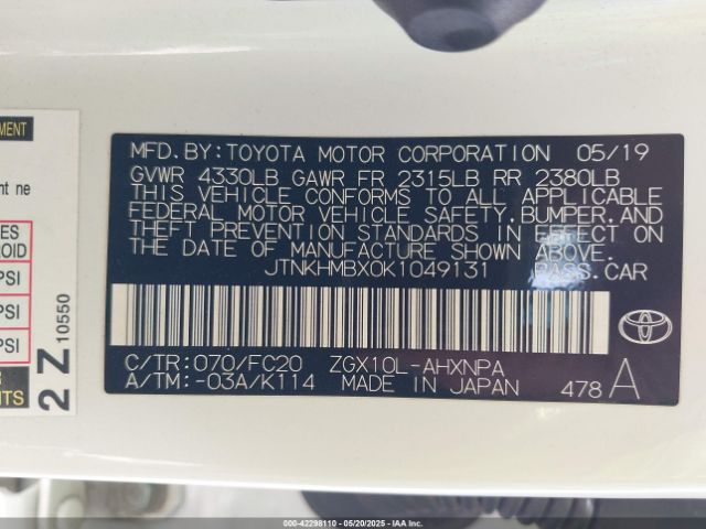 JTNKHMBX0K1049131 Toyota 3zr-fae