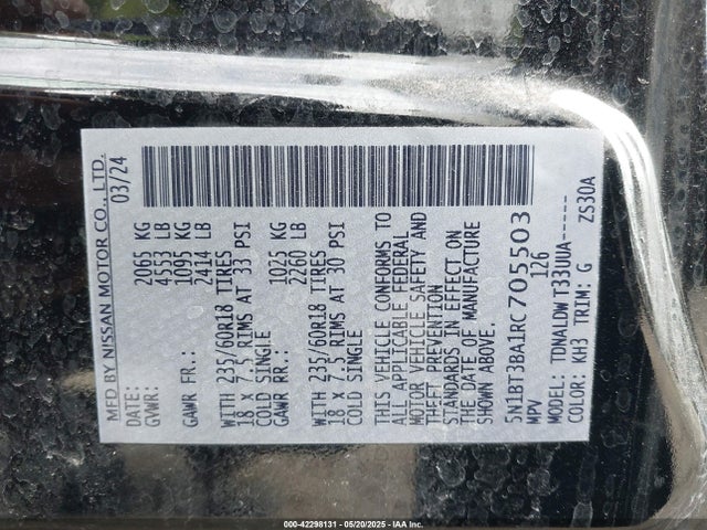 5N1BT3BA1RC705503 Nissan Rogue Sv Fwd