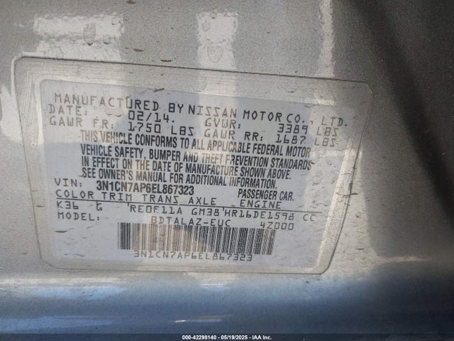 3N1CN7AP6EL867323 Nissan Versa 1.6 S+