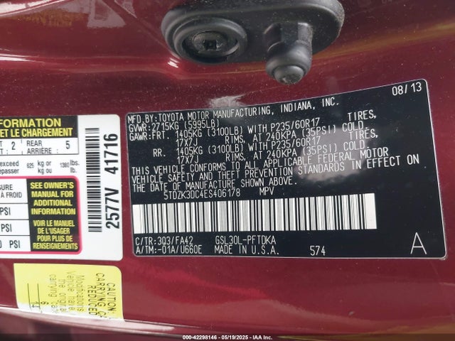 5TDZK3DC4ES406178 Toyota Sienna L V6 7 Passenger