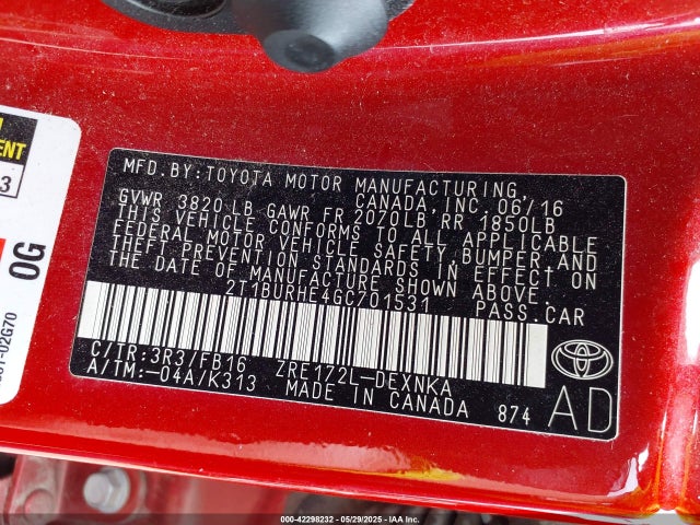 2T1BURHE4GC701531 Toyota COROLLA LE