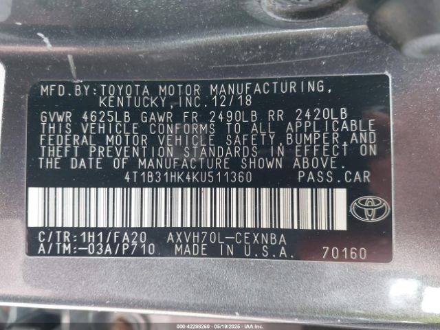 4T1B31HK4KU511360 Toyota Camry Hybrid Le