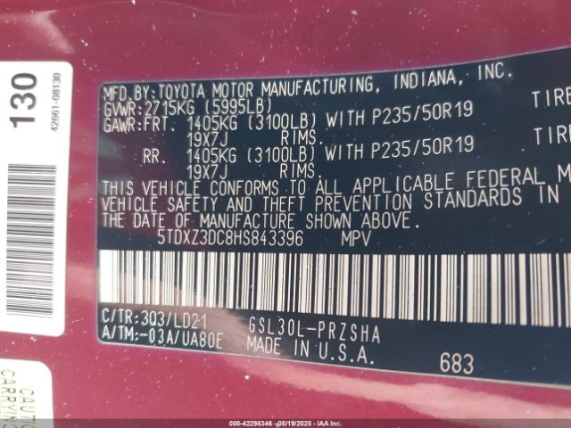 5TDXZ3DC8HS843396 Toyota Sienna Se 8 Passenger
