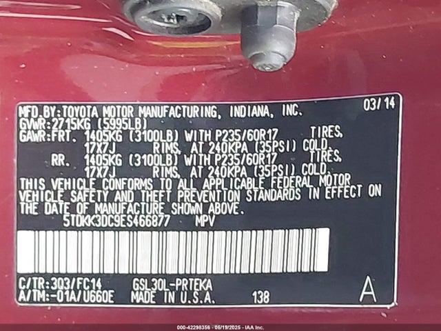 5TDKK3DC9ES466877 Toyota Sienna Le V6 8 Passenger