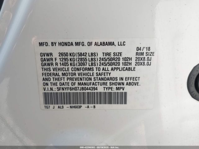 5FNYF6H07JB044394 Honda Pilot Elite