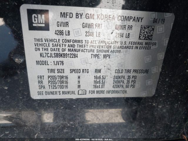 KL7CJLSB9KB912284 Chevrolet Trax Lt