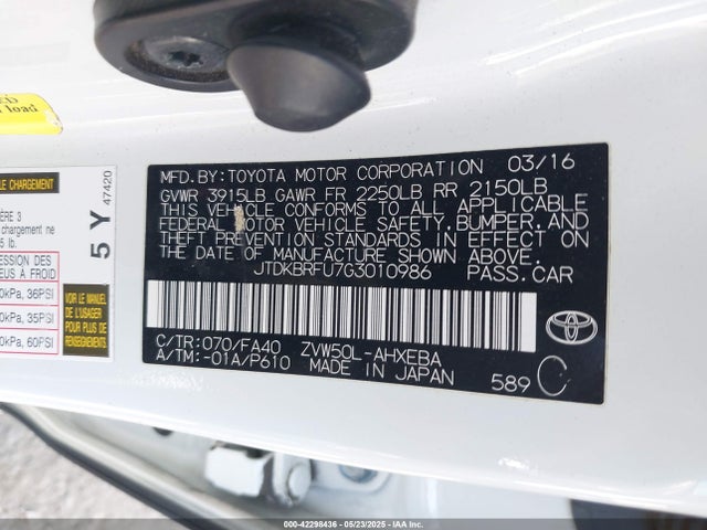 JTDKBRFU7G3010986 Toyota 2zr-fxe,1nm