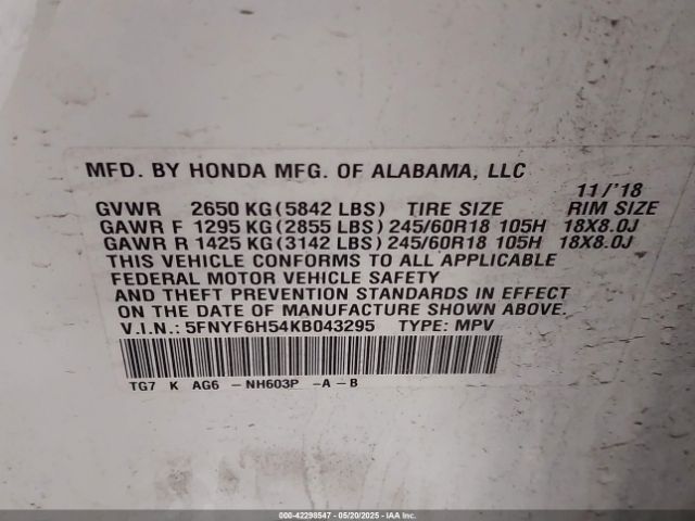 5FNYF6H54KB043295 Honda Pilot Ex-l