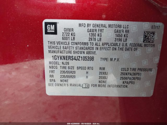 1GYKNERS4JZ105398 Cadillac Xt5 Premium Luxury