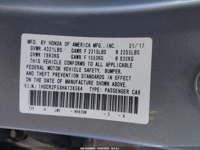 1HGCR2F5XHA136564 Honda k24w1
